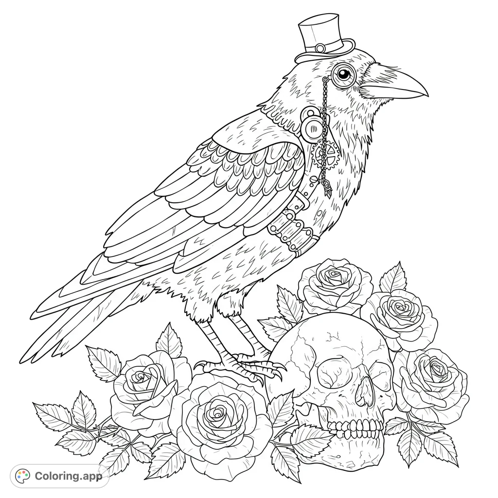 An intricate steampunk crow, adorned with gears and a top hat, perches beside a weathered skull surrounded by detailed roses. A unique fantasy scene.