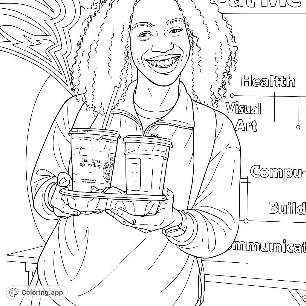 A cheerful person holds two refreshing drinks, ready for a study break or casual outing. A fun, everyday scene to color.