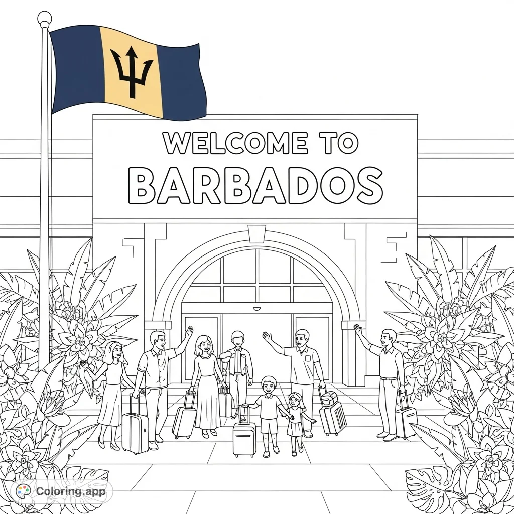Experience the joy of arrival with this Barbados airport coloring page. Features families, a 'Welcome to Barbados' sign, Bajan flag, and tropical plants.