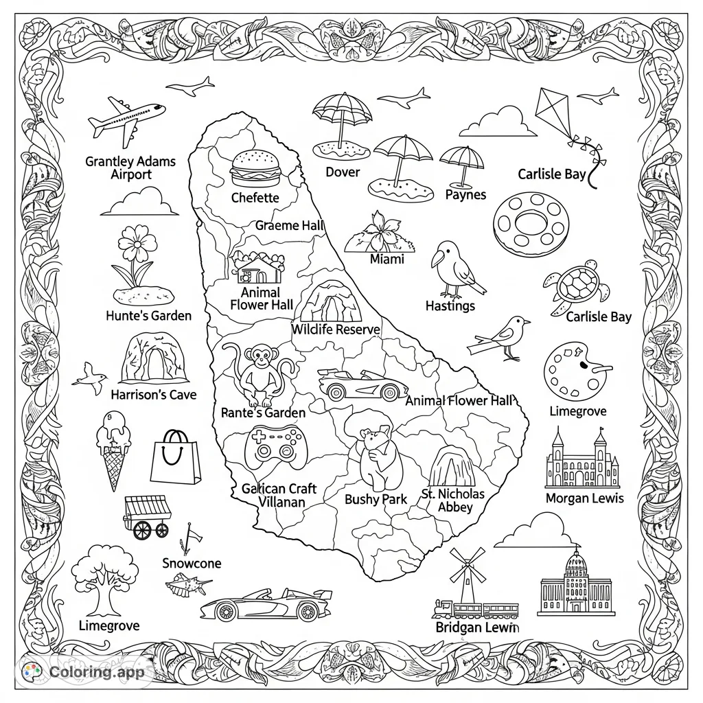 Explore Barbados with this detailed map coloring page, featuring the island's outline, coastlines, hill contours, and 30 playful icons marking family attractions.