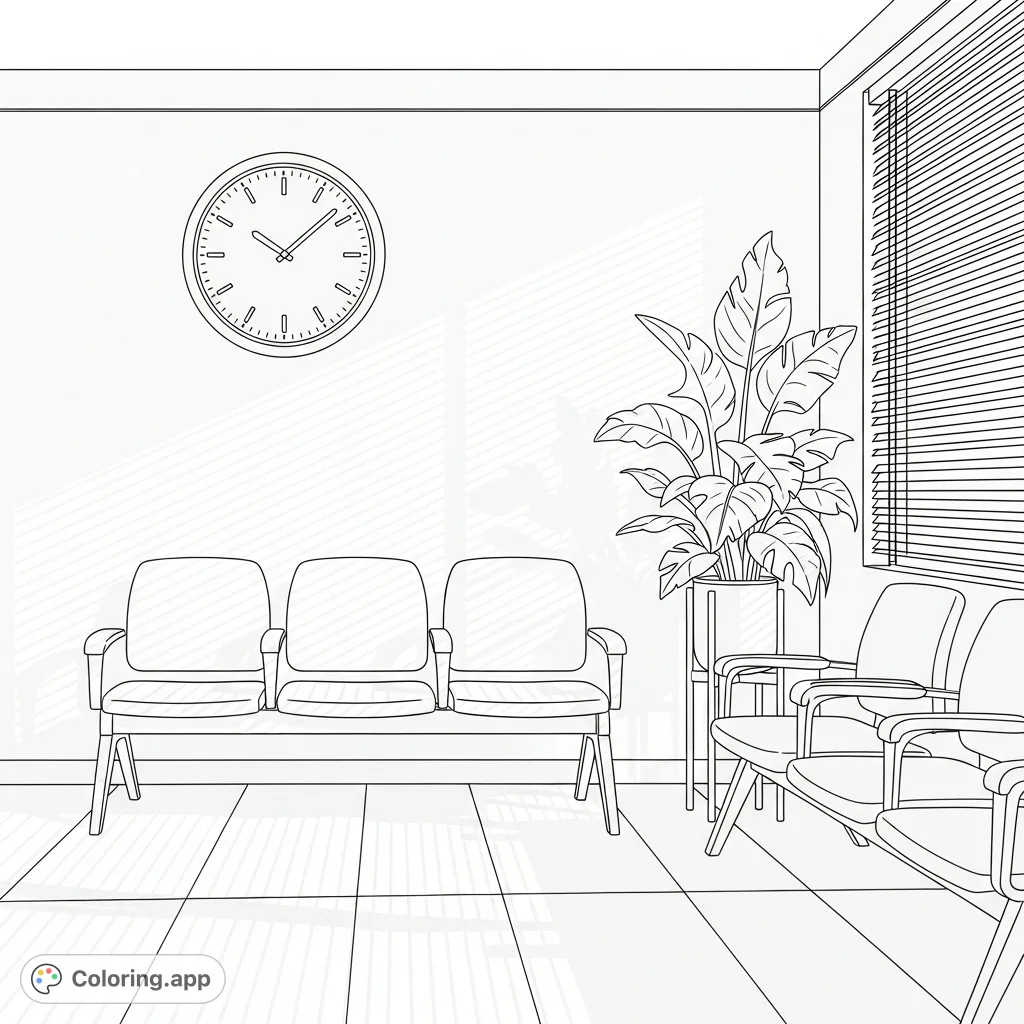 Discover tranquility in this detailed waiting room coloring page. Features empty chairs, a clock, and a potted plant, with sunlight streaming through blinds.