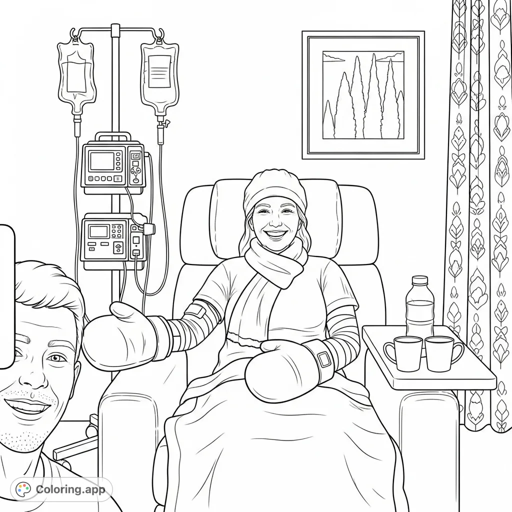 A heartwarming medical recovery coloring page featuring a smiling woman in a recliner, a man taking a selfie, and comforting details in a hospital room.