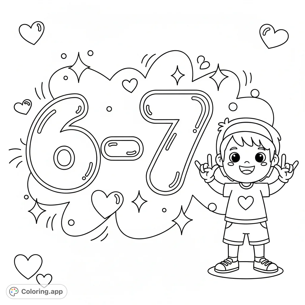 A fun coloring page featuring a confident cartoon kid making hand signs for '6' and '7,' surrounded by whimsical hearts and sparkles. A playful '6–7' text dominates the scene.