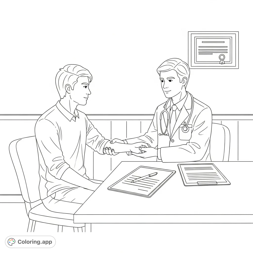 A compassionate medical consultation scene featuring a doctor and patient, perfect for a healthcare coloring page. Explore empathy and care.