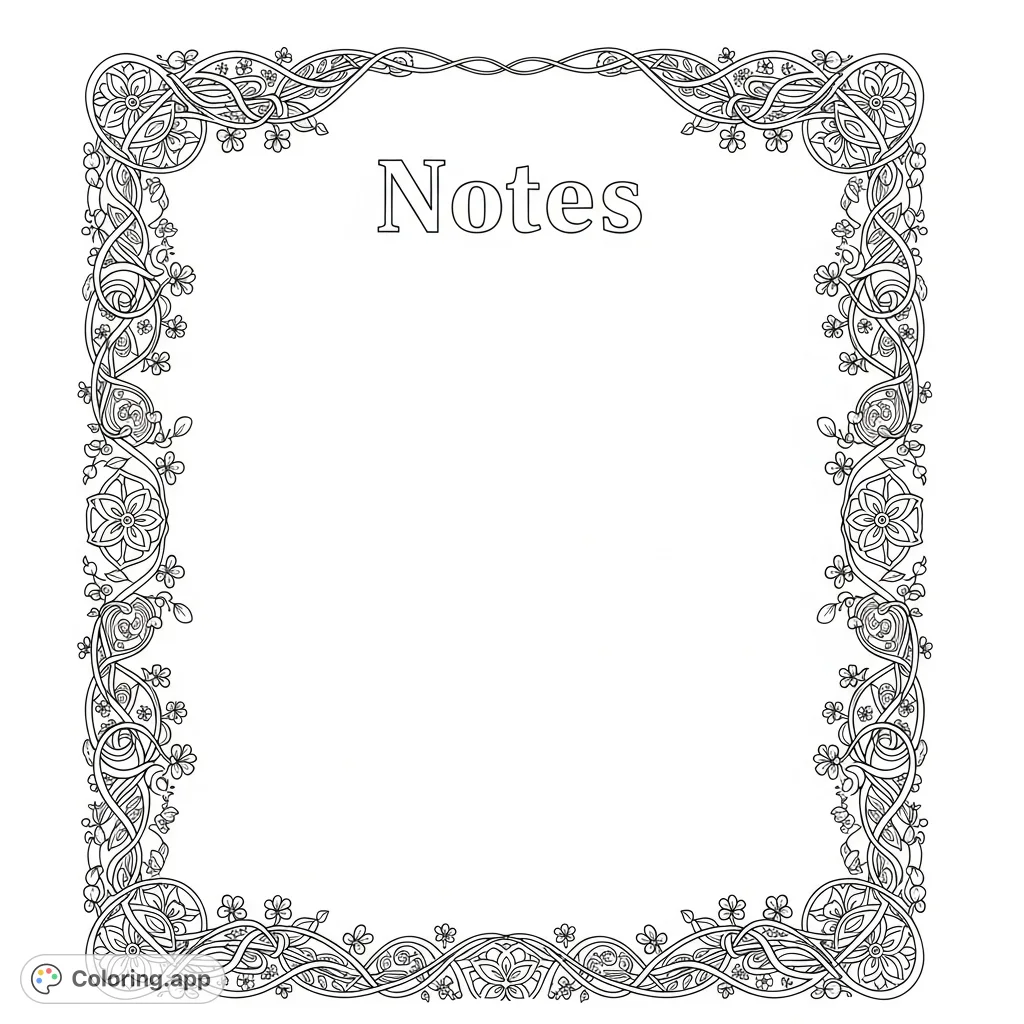 A beautiful 'Notes' coloring page with a delicate floral and mandala border, perfect for journaling, planning, or creative expression. Free printable.