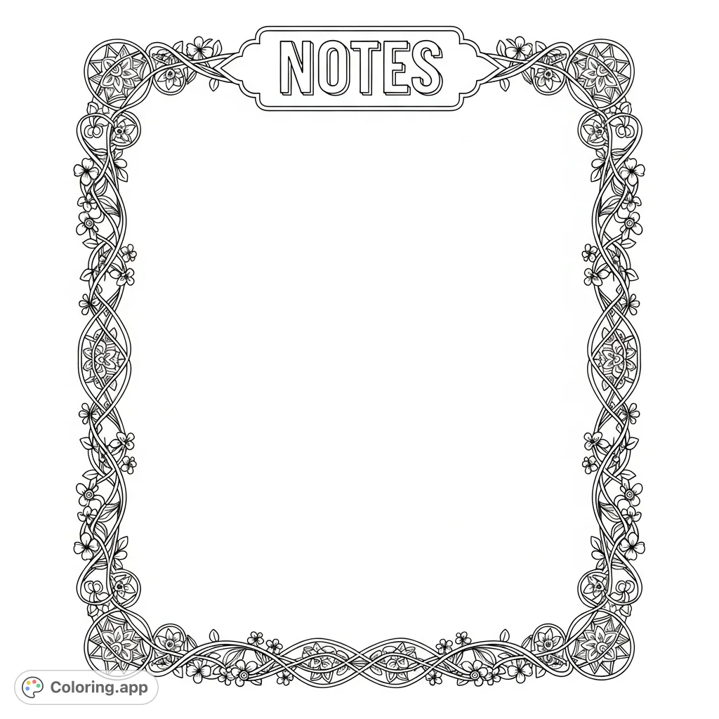 A beautiful 'Notes' coloring page with a delicate floral and mandala border, perfect for journaling, planning, or creative expression. Free printable.