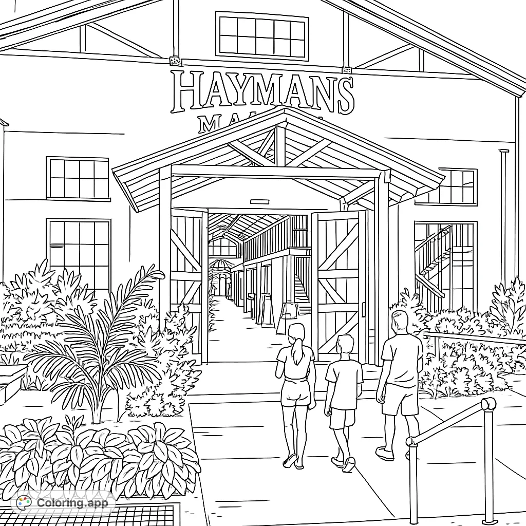 Explore a vibrant market scene with a grand entrance, lush plants, and a family ready to discover. A detailed coloring page for all ages.