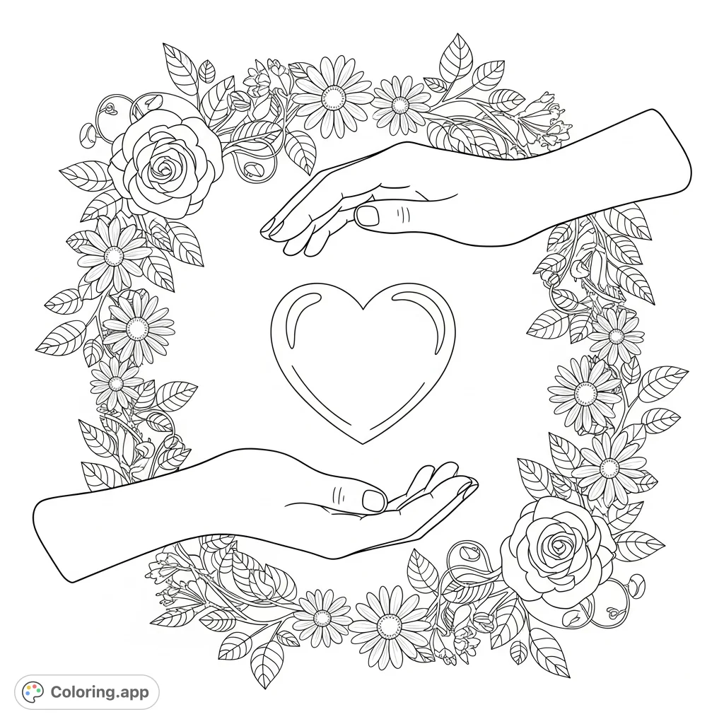 A heartwarming scene of two hands gently exchanging a heart, encircled by an elegant floral pattern frame. Perfect for expressing affection and creativity.