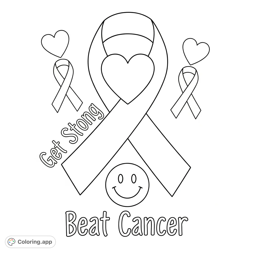A heartfelt awareness ribbon design with a prominent heart, smaller ribbons, and a smiley face, conveying messages of strength and hope. Perfect for a meaningful coloring page.