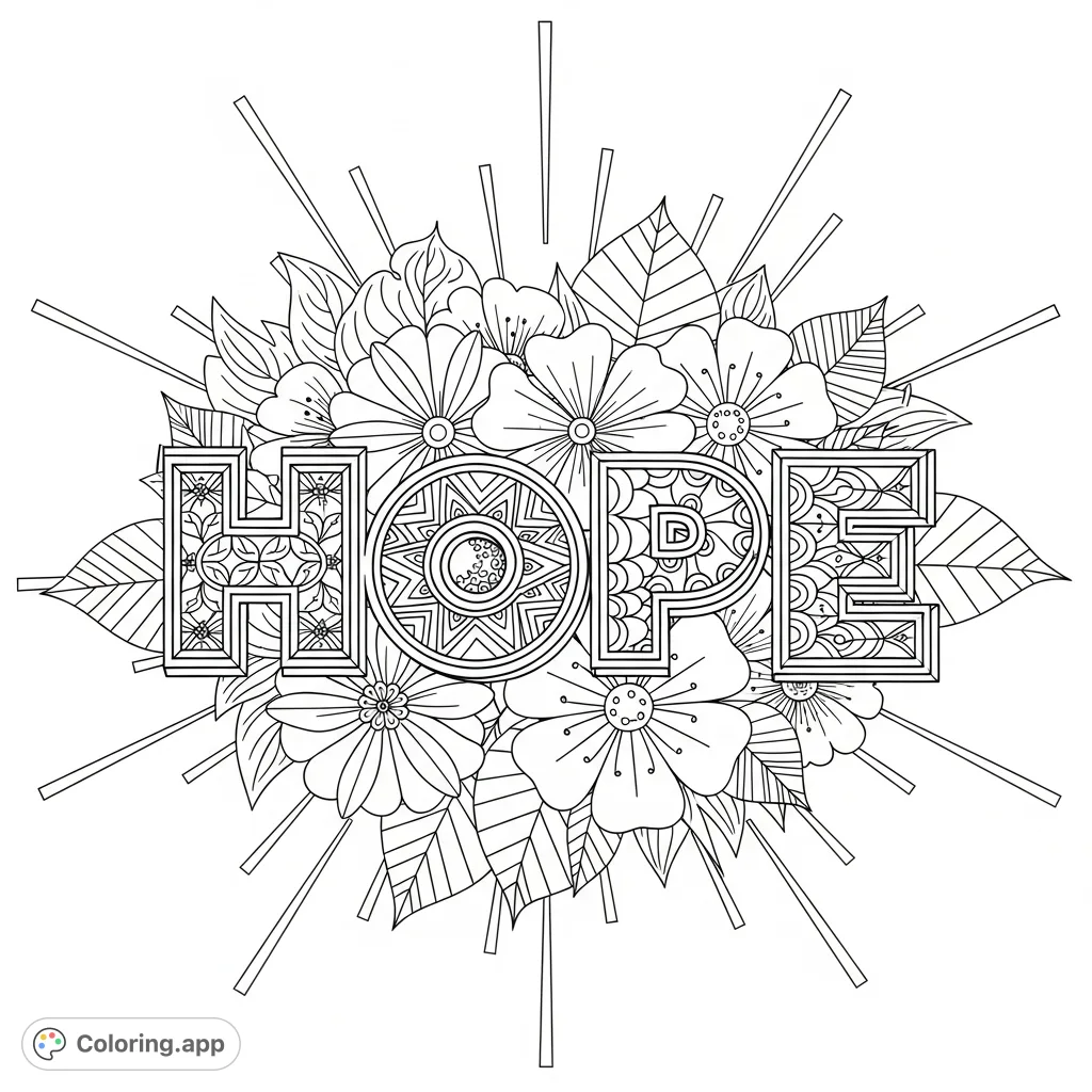Discover a beautiful "HOPE" coloring page featuring intricate patterns, blooming flowers, and radiating sunshine. A free printable for all ages.