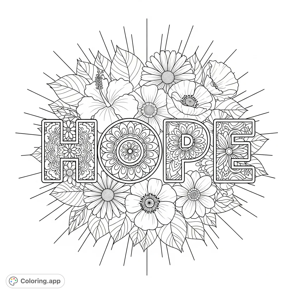 A detailed coloring page featuring the word HOPE filled with intricate patterns, surrounded by a symmetrical bouquet of flowers and a radiating sunburst.