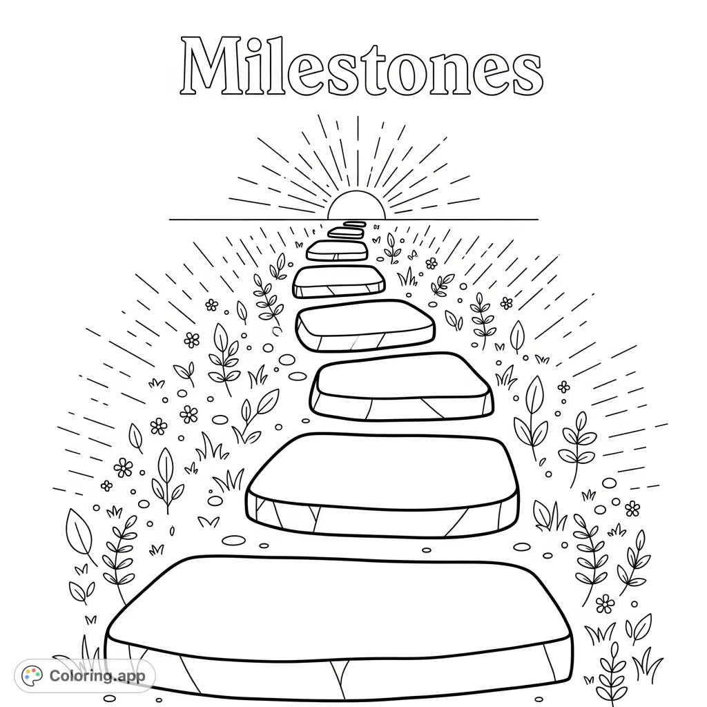 Embark on a reflective journey with this Milestones coloring page, featuring a winding path of blank stepping stones leading to a hopeful horizon.