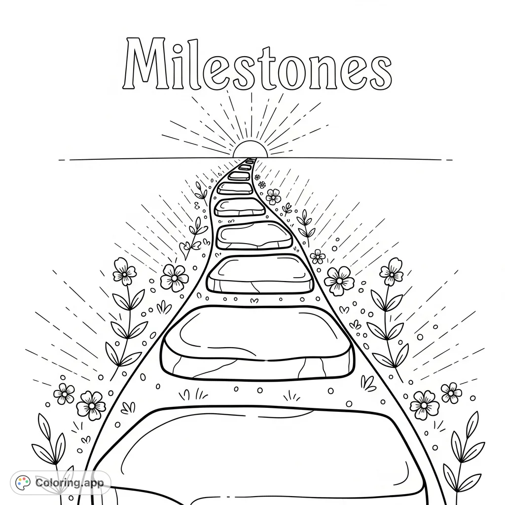 Embark on a reflective journey with this Milestones coloring page, featuring a winding path of blank stepping stones leading to a hopeful horizon.
