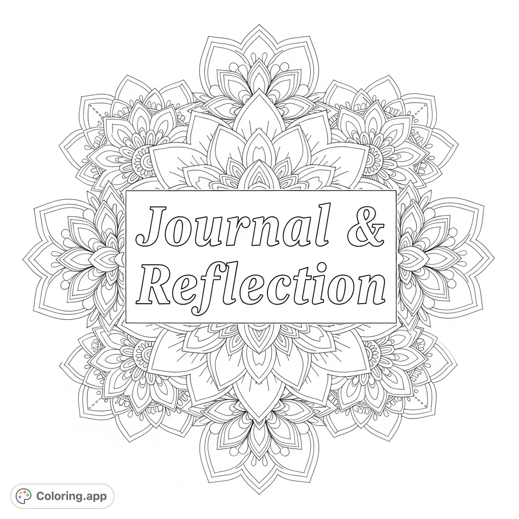 An intricate mandala flower coloring page featuring "Journal & Reflection" text, perfect for mindful coloring and personal growth. A beautiful divider.