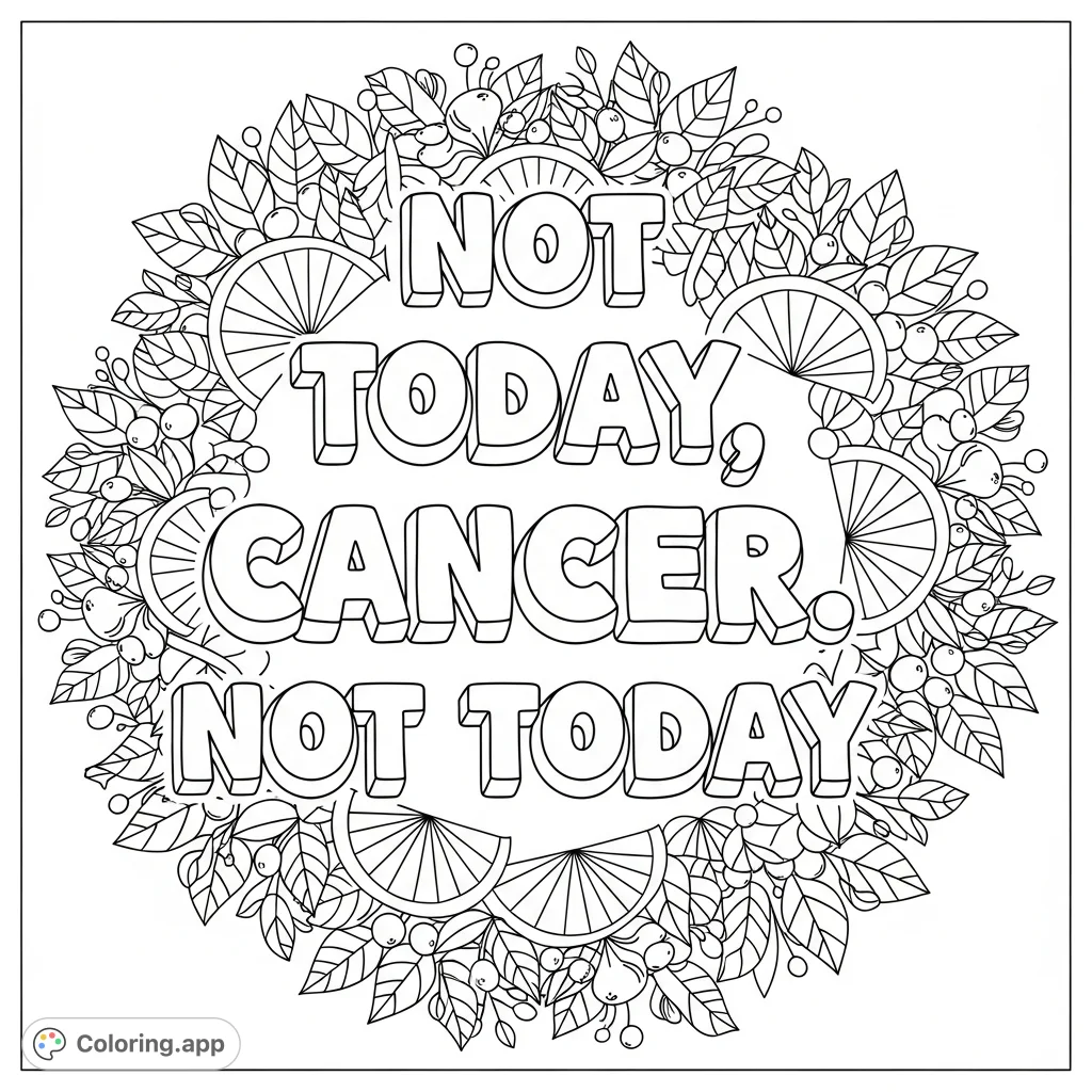 Inspiring "Not today, cancer. " phrase in bold, 3D bubble letters, surrounded by a dense botanical wreath with leaves, berries, and decorative semicircles.