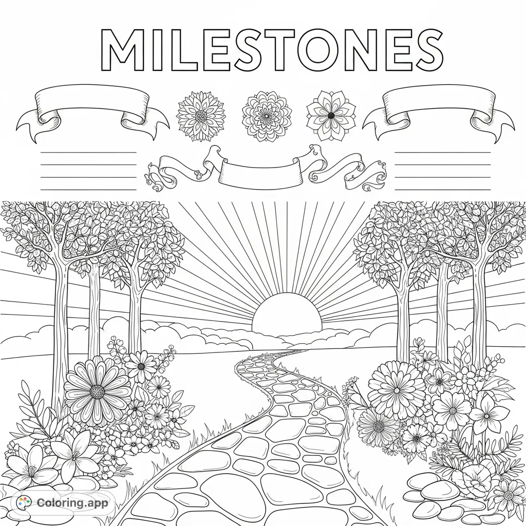 A serene path winds towards a radiant sunrise, flanked by trees and flowers. "Milestones" in elegant lettering, with decorative banners for personal achievements.