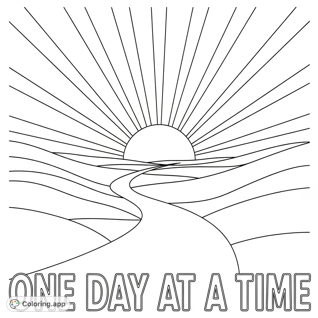 An uplifting coloring page featuring a winding path towards a grand setting sun, surrounded by serene hills and the encouraging phrase 'One Day At A Time'.