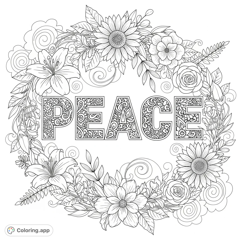 Discover tranquility with this intricate Peace coloring page. Bold letters filled with patterns, surrounded by a whimsical floral wreath and calming background swirls.