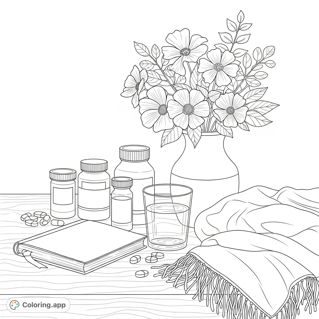 A serene still life featuring a journal, pill bottles, a glass of water, a cozy blanket, and flowers on a table, perfect for a calming coloring experience.
