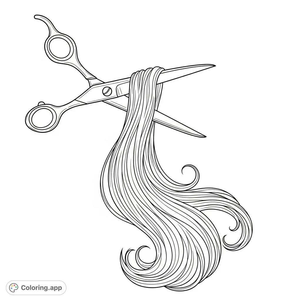 A symbolic hair loss coloring page featuring a pair of scissors cutting a lock of long, flowing hair strands. A poignant image for reflection and transformation.