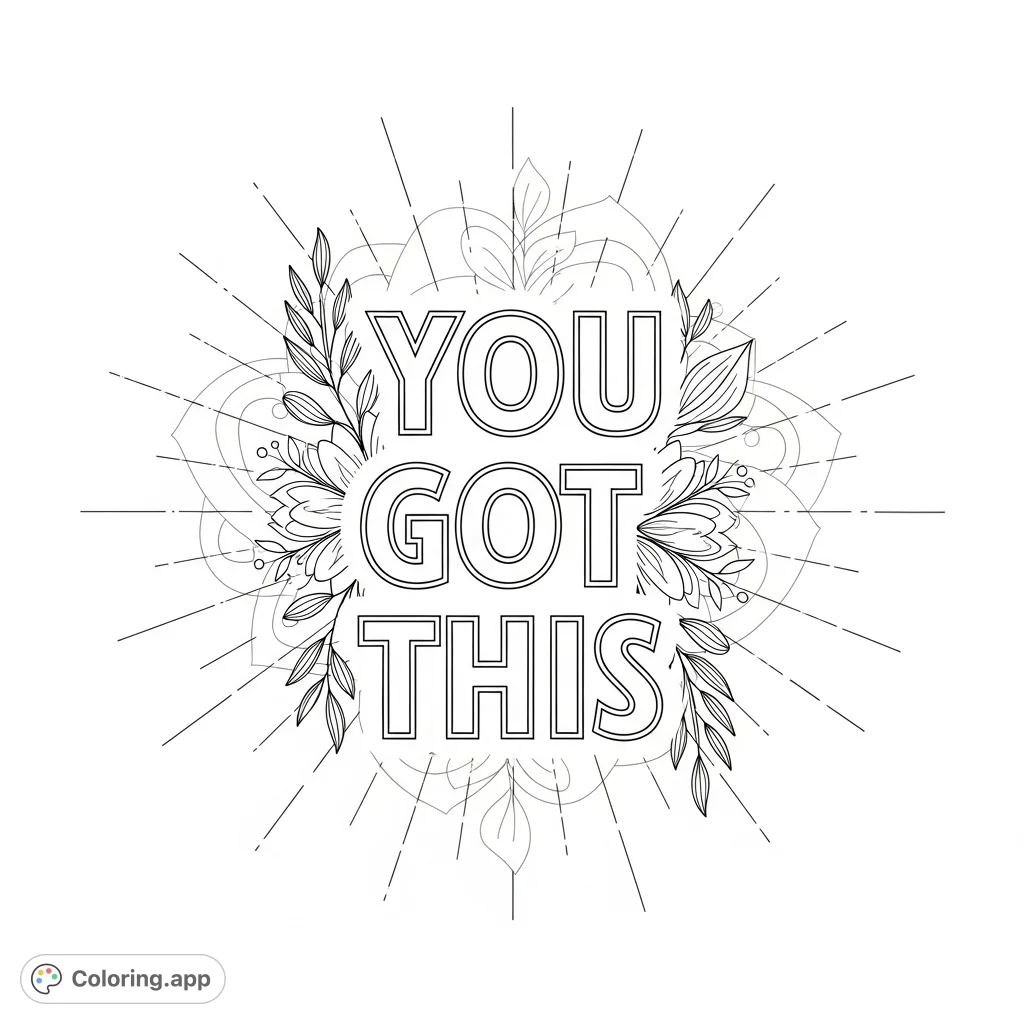 An empowering 'You Got This' message in elegant outline lettering, surrounded by soft mandala and floral patterns, offering a calming and hopeful coloring experience.