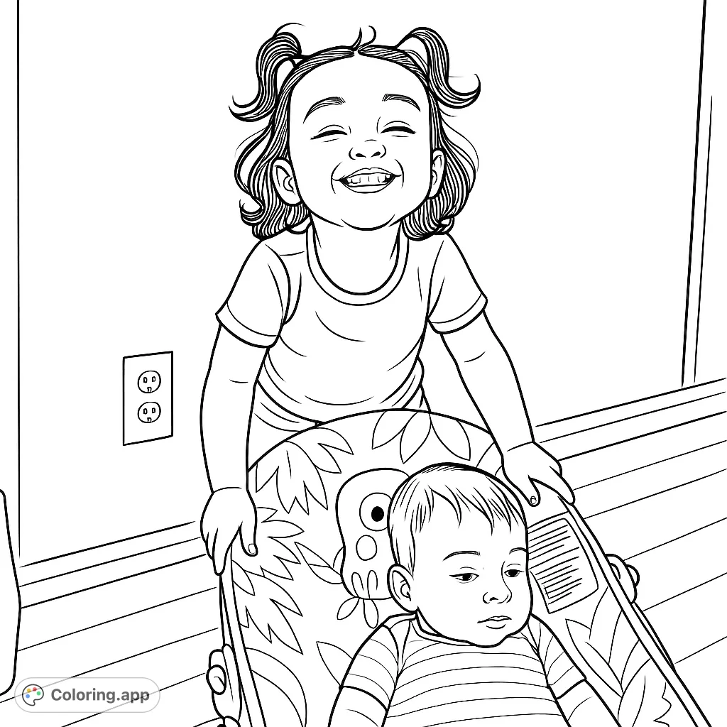 Capture the heartwarming bond of siblings with this happy siblings playtime coloring page. A joyful toddler smiles behind a baby in a patterned bouncer.