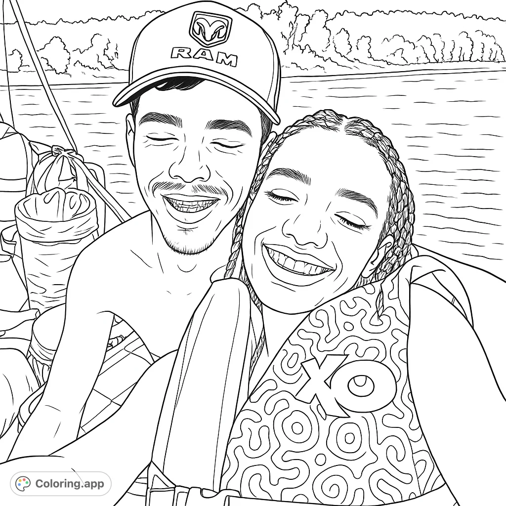Capture a joyful moment on the water with two smiling individuals on a boat, surrounded by a serene lake and forested hills. Perfect for a relaxing coloring session.