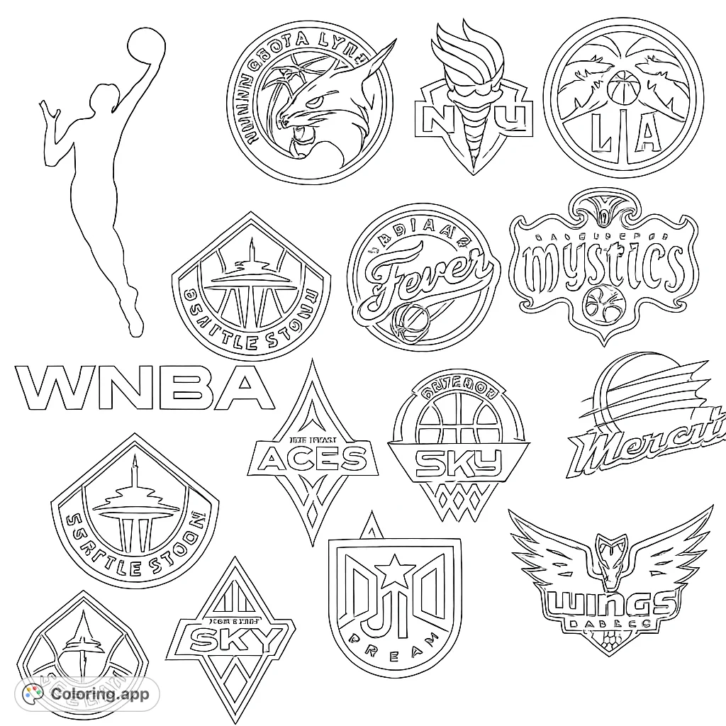 Color a dynamic collection of WNBA team logos and the league emblem. Perfect for basketball fans to show their team spirit and creativity.
