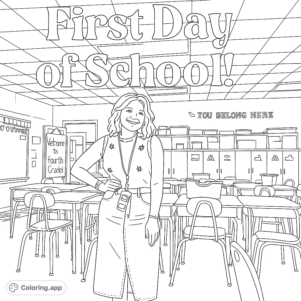 Celebrate the first day of school with a welcoming teacher in a detailed classroom scene, perfect for young learners and educators.