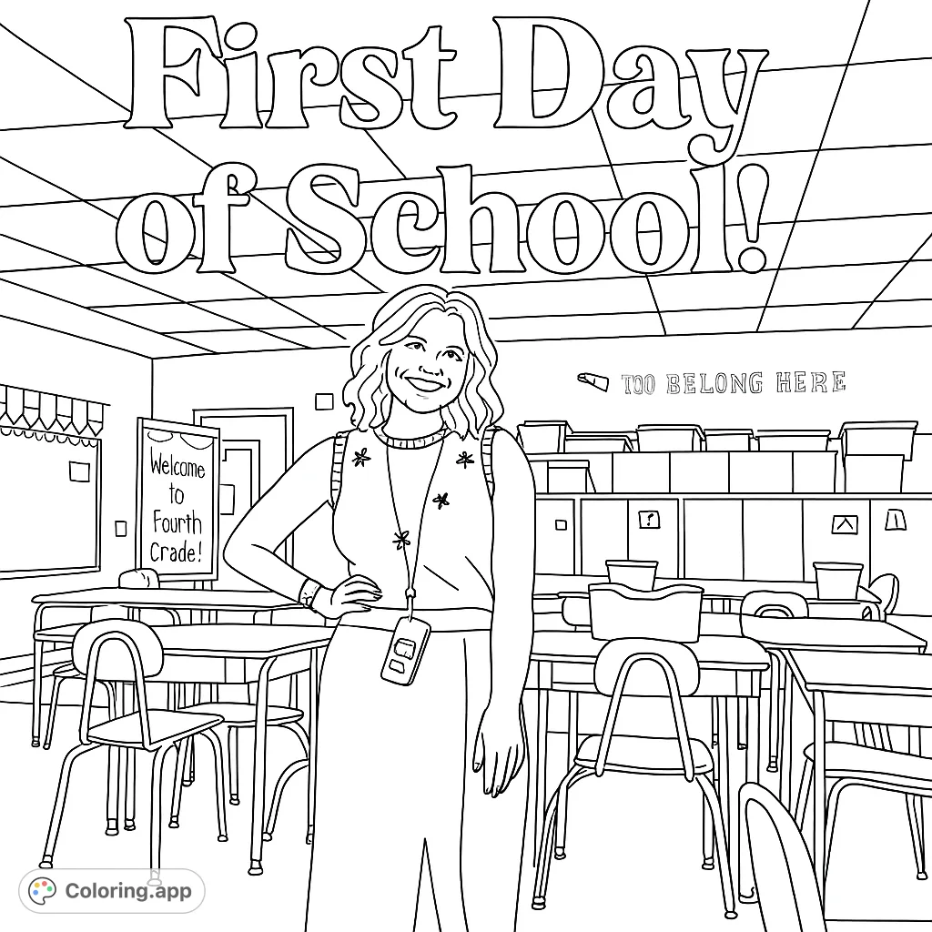 Celebrate the first day of school with this detailed classroom scene featuring a welcoming teacher and student desks. Perfect for back to school fun!