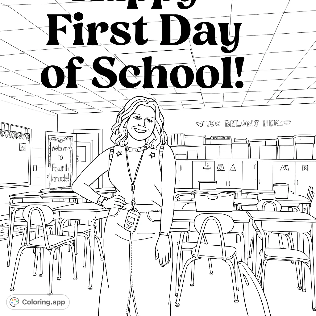 Celebrate the first day of school with this welcoming classroom scene. A smiling teacher stands amidst desks, ready for a new year.