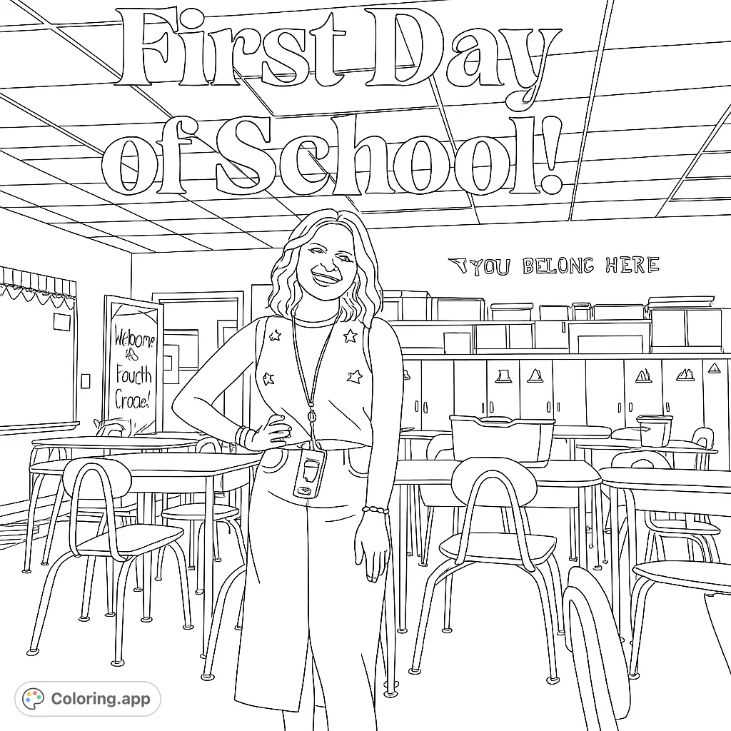 A smiling teacher stands in a detailed classroom, ready for a new school year. Perfect for back-to-school fun and educational coloring.