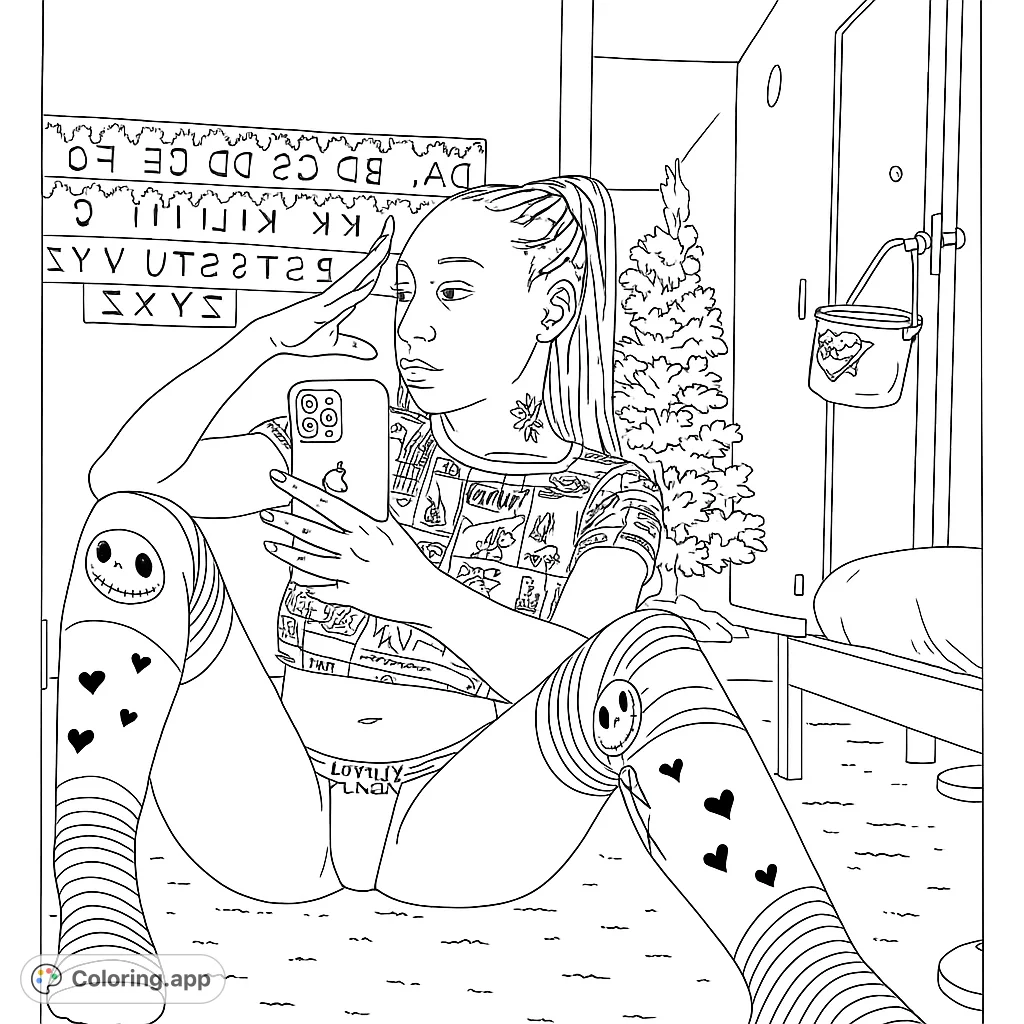 A detailed coloring page featuring a person in a relaxed indoor setting, complete with patterned clothing and unique background elements.