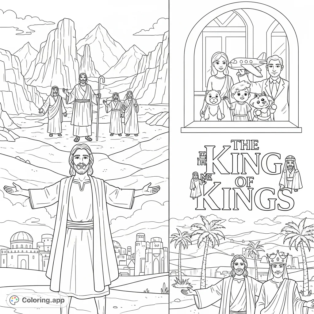 A profound King of Kings coloring page featuring a central figure, diverse characters, and contrasting landscapes, inviting detailed artistic expression.