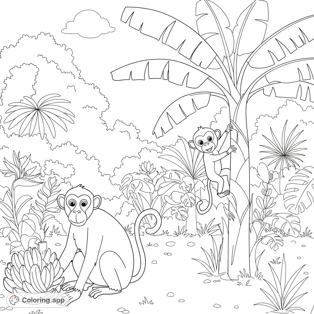 A delightful tropical scene featuring two playful monkeys, a large one with bananas and a smaller one climbing a banana tree. Perfect for young artists!