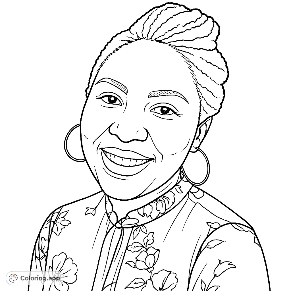A beautiful portrait of a smiling woman with textured hair and a floral patterned shirt, perfect for a relaxing coloring experience.