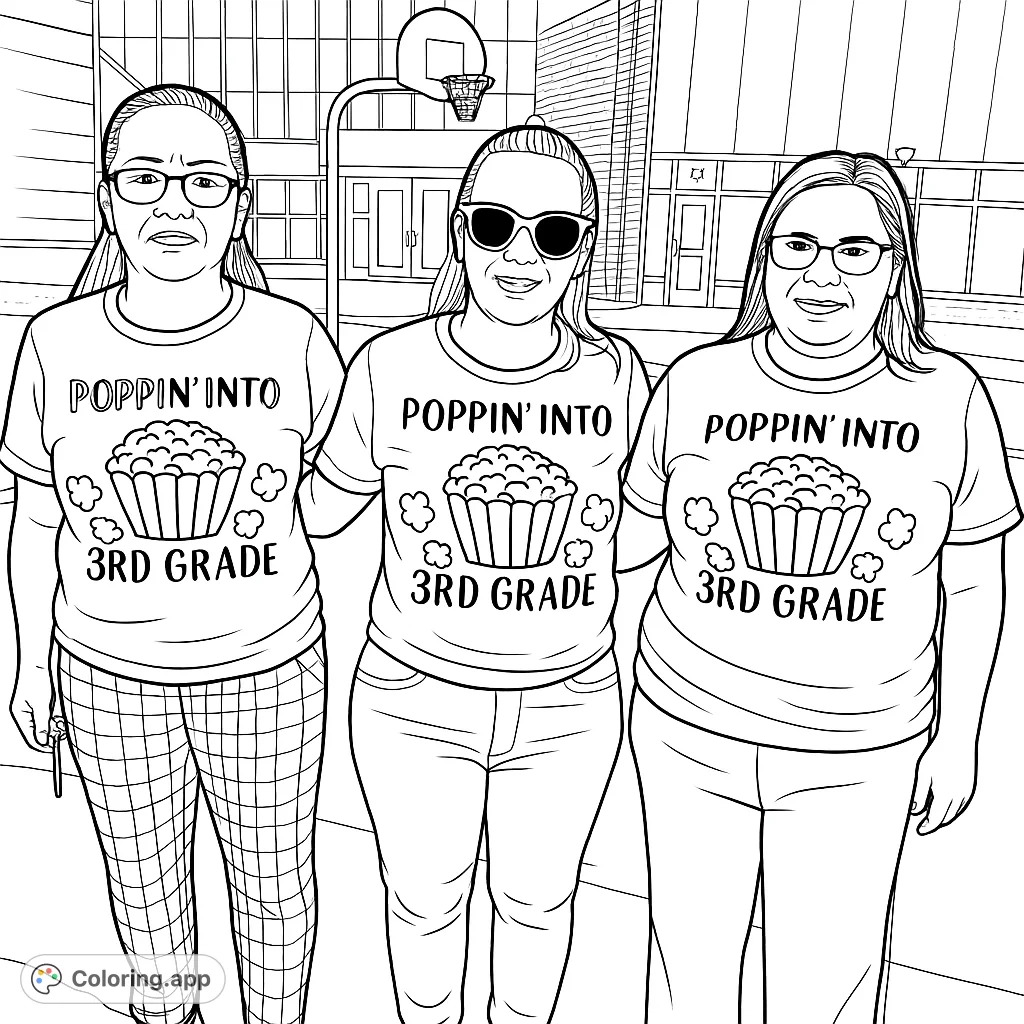 Celebrate the start of 3rd grade with this fun coloring page featuring a popcorn theme and school setting. Perfect for students and teachers!
