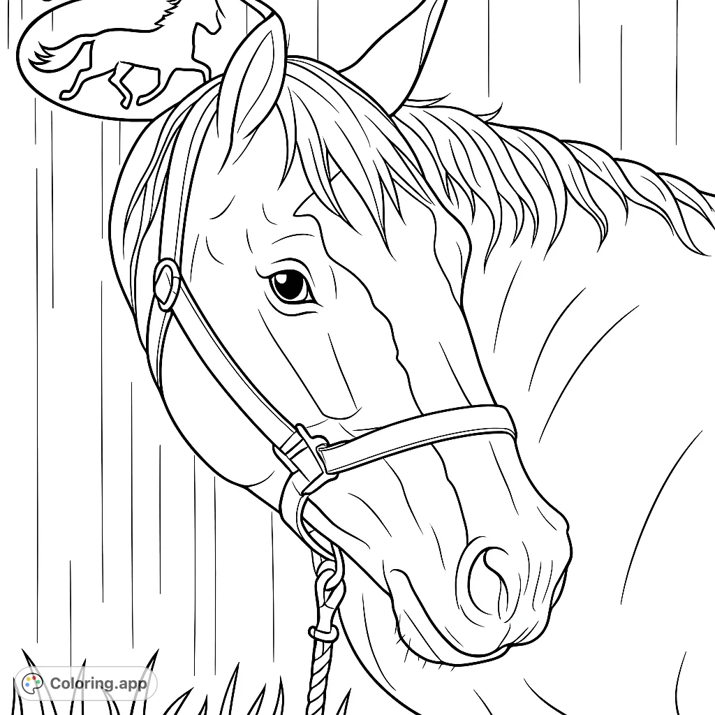 Capture the grace of a horse with this detailed portrait coloring page. Features a majestic horse with a distinctive blaze and textured background.