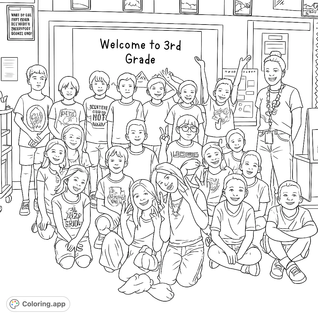 A cheerful 3rd grade class with their teacher, ready for a fun year of learning. Perfect for back-to-school and celebrating classroom community.