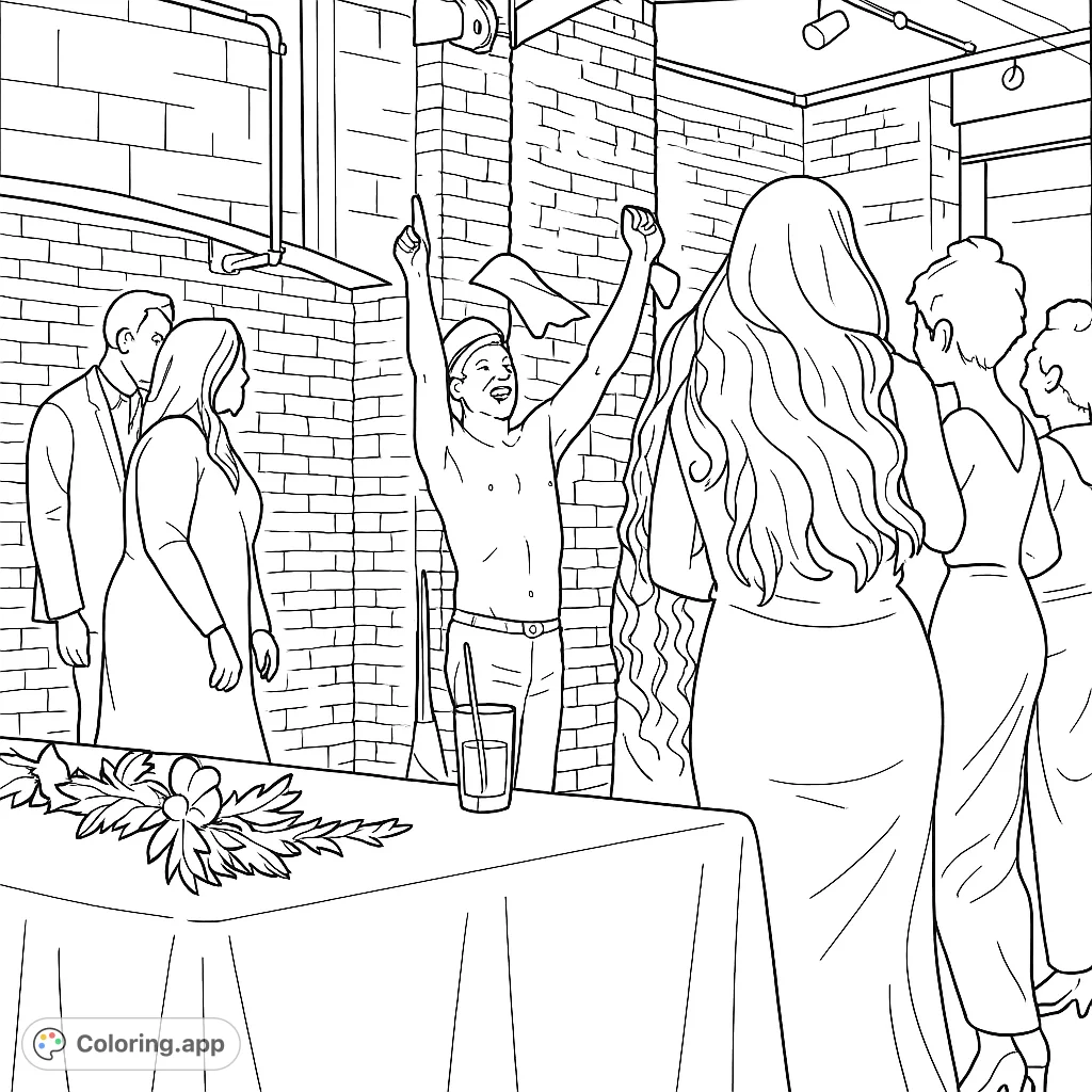 Capture the energy of a lively celebration with a shirtless dancer, friends, and festive decor. A dynamic party scene awaits your creative touch.