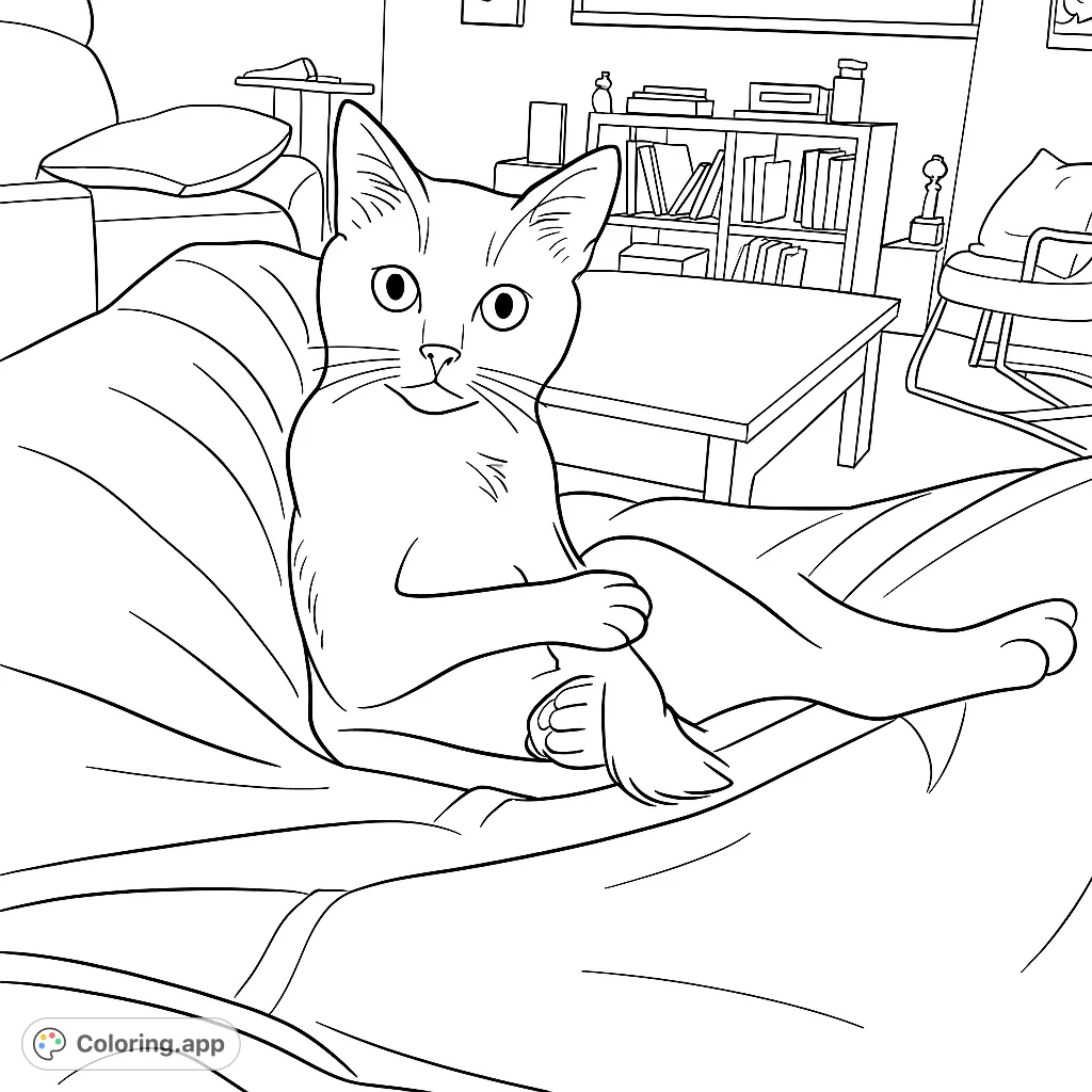 A charming feline sits comfortably, observing its surroundings in a cozy living room. Perfect for cat lovers to personalize this free printable cat coloring page.