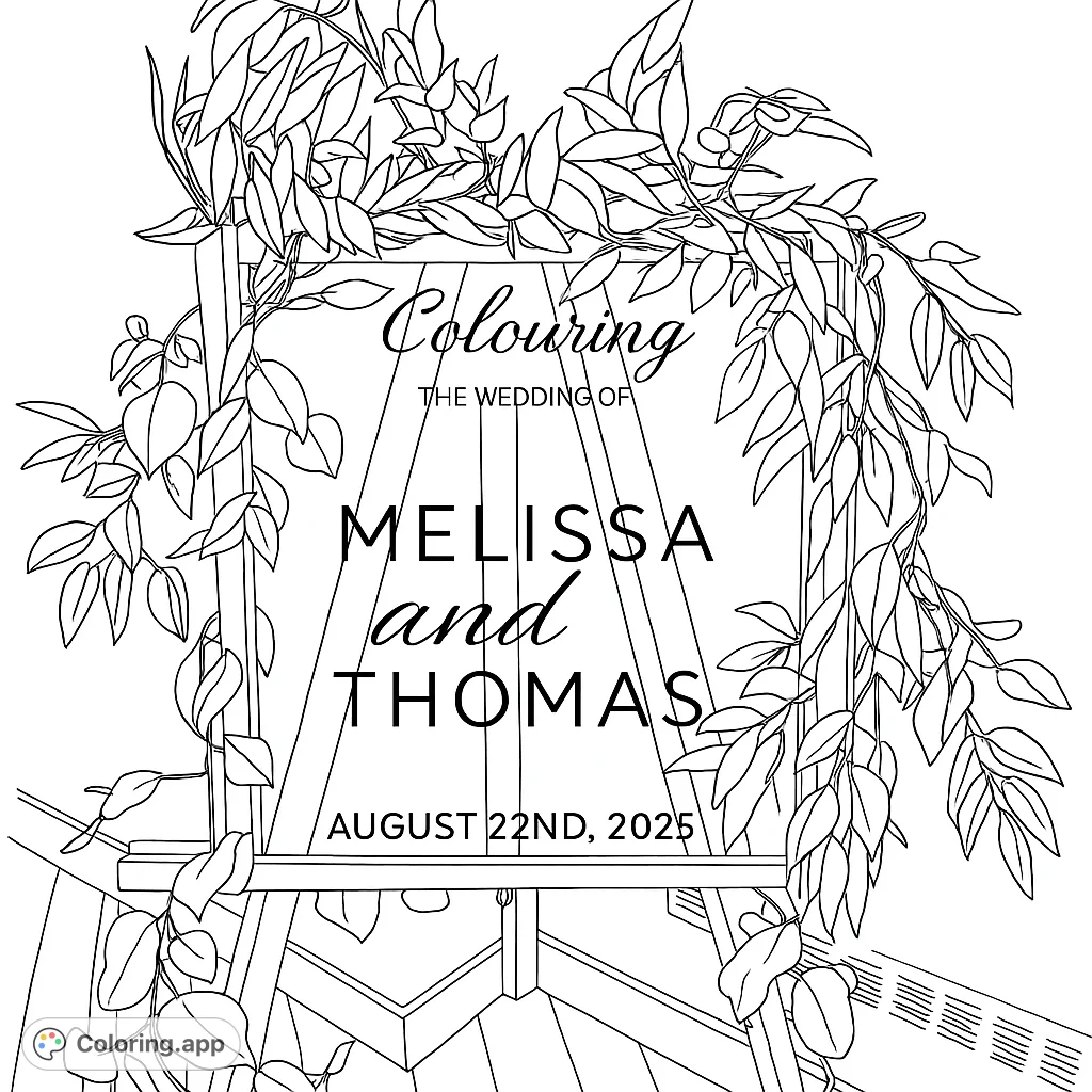 A beautiful wedding sign on an easel, adorned with lush botanical garlands. Perfect for celebrating special occasions and practicing detailed foliage coloring.