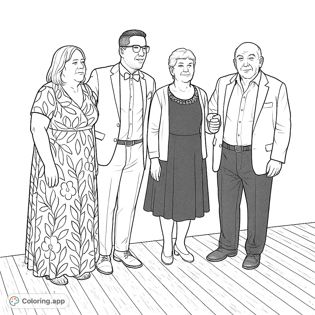 Capture a special moment with this family celebration coloring page. Features four individuals in formal attire against a simple background.