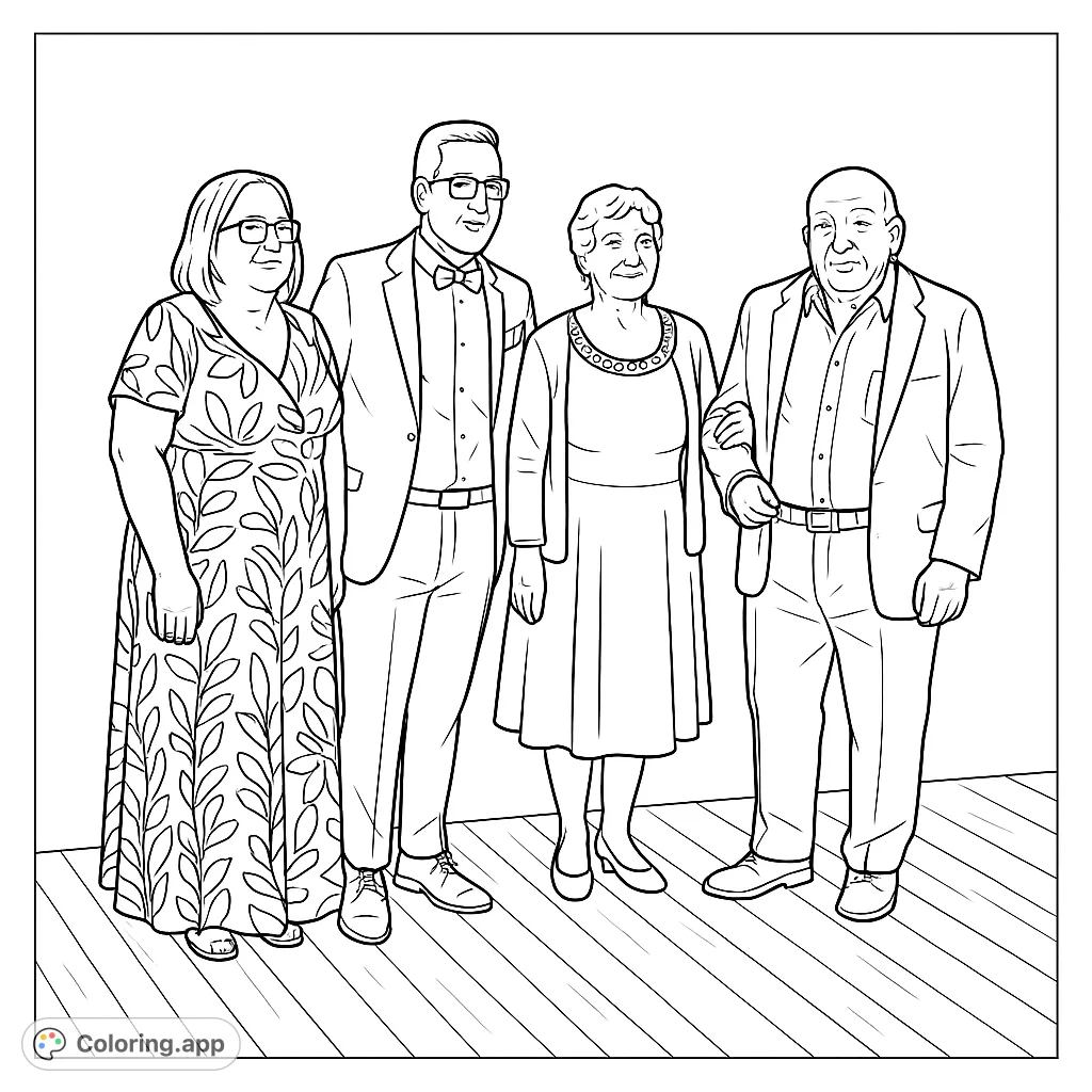 Capture a special moment with this family celebration coloring page. Features four individuals in formal attire against a simple background.