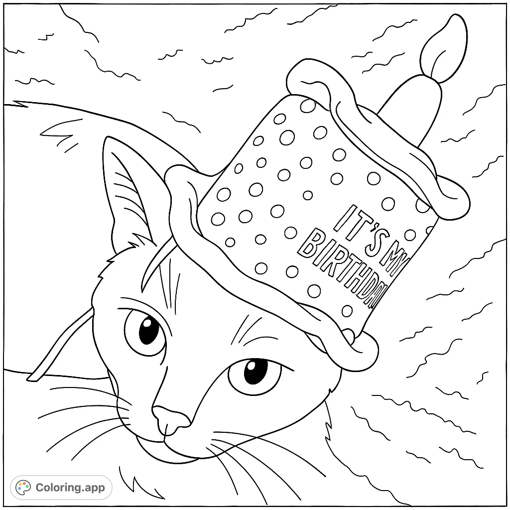 Celebrate with this adorable cat wearing a festive birthday cake hat! A fun and charming birthday cat coloring page for all ages.