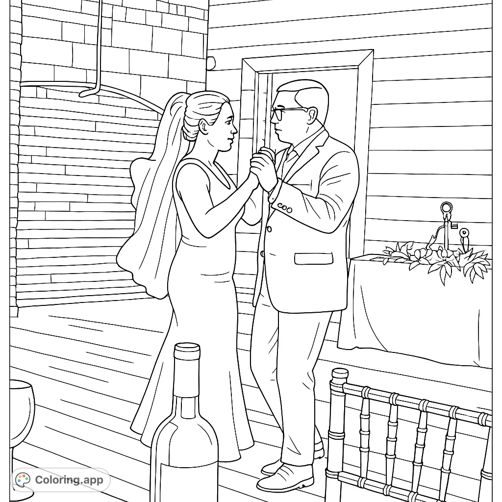 Capture the romance of a couple's first dance. This wedding celebration coloring page features a dancing pair amidst a charming venue.
