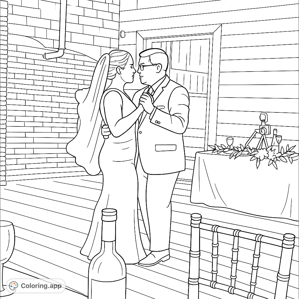 Capture the romance of a couple's first dance. This wedding celebration coloring page features a dancing pair amidst a charming venue.