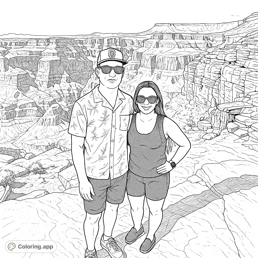 Explore a majestic canyon scene with two adventurers. This Grand Canyon coloring page offers intricate rock formations and a vast landscape for creative expression.