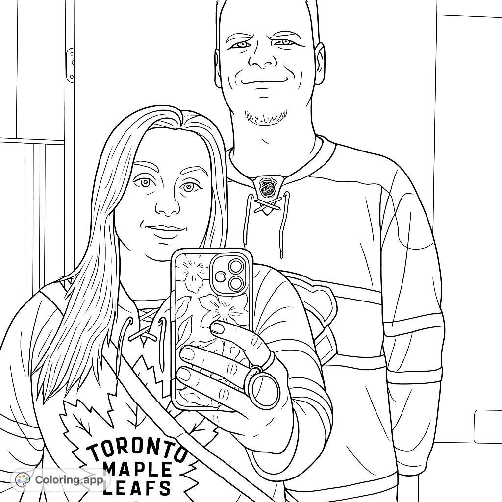 Capture team spirit with this hockey fan couple coloring page! Features two fans in jerseys, perfect for sports enthusiasts and creative expression.