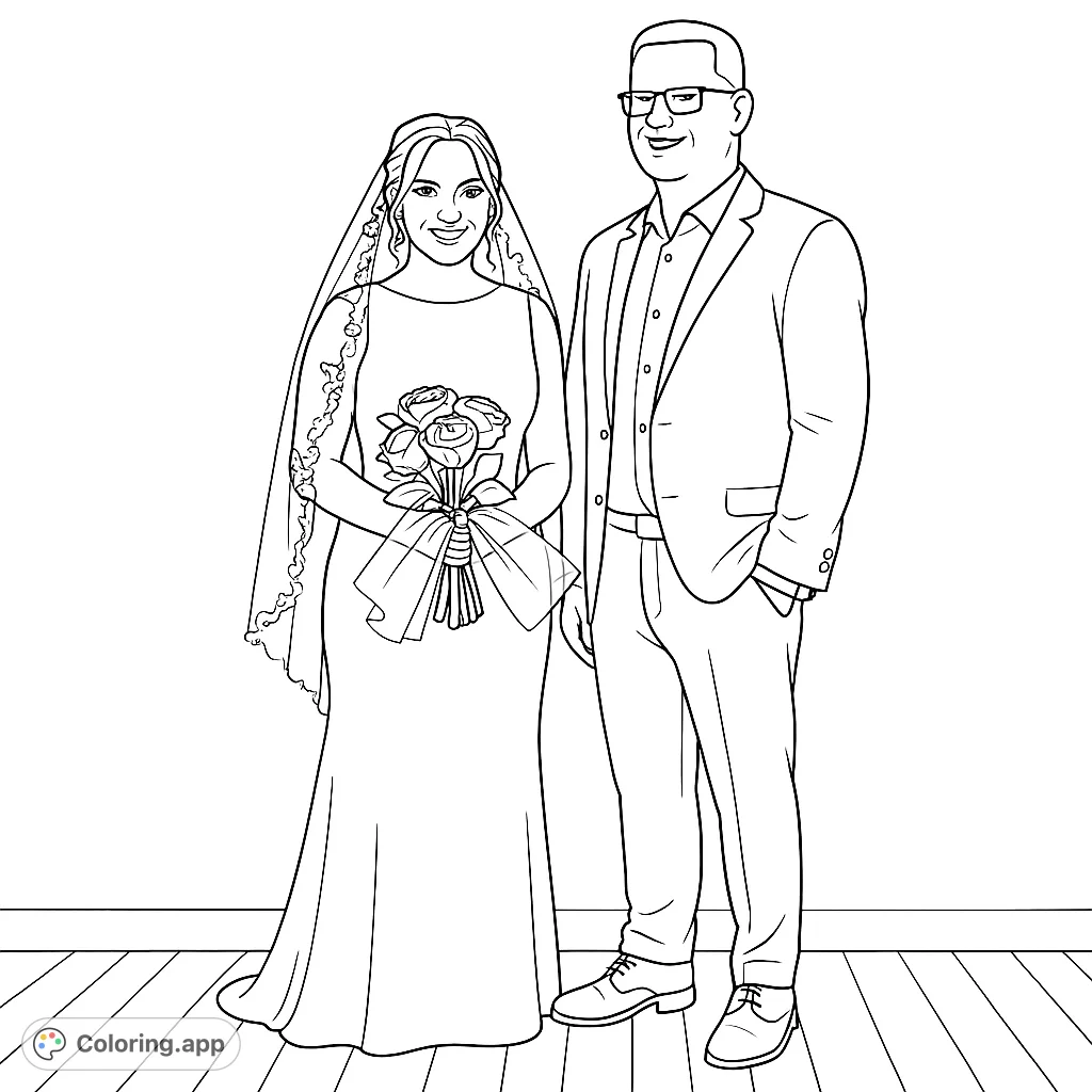 Celebrate love with this wedding couple coloring page. Features a smiling bride in an elegant gown with a bouquet and a dapper groom.